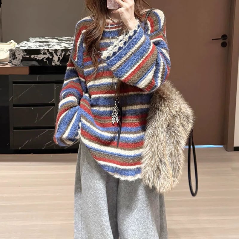 【tops】カラフルボーダー柄ニットトップス Q7788