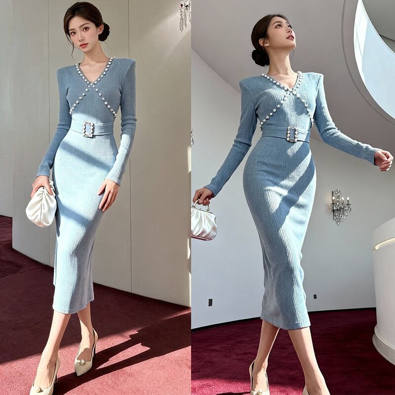 【dress】パール付きニットワンピース Q7507