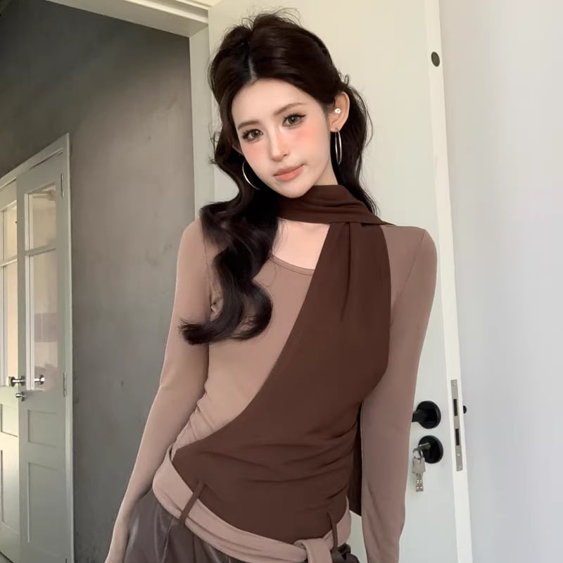 【tops】スカーフデザインフェイクレイヤードトップス Q8137