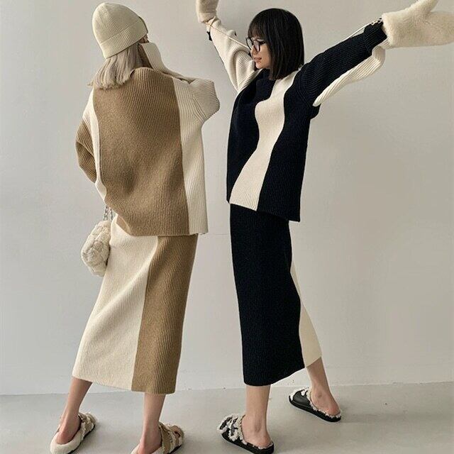 【set】ハイネックセーター+スカート配色２点セット F6295