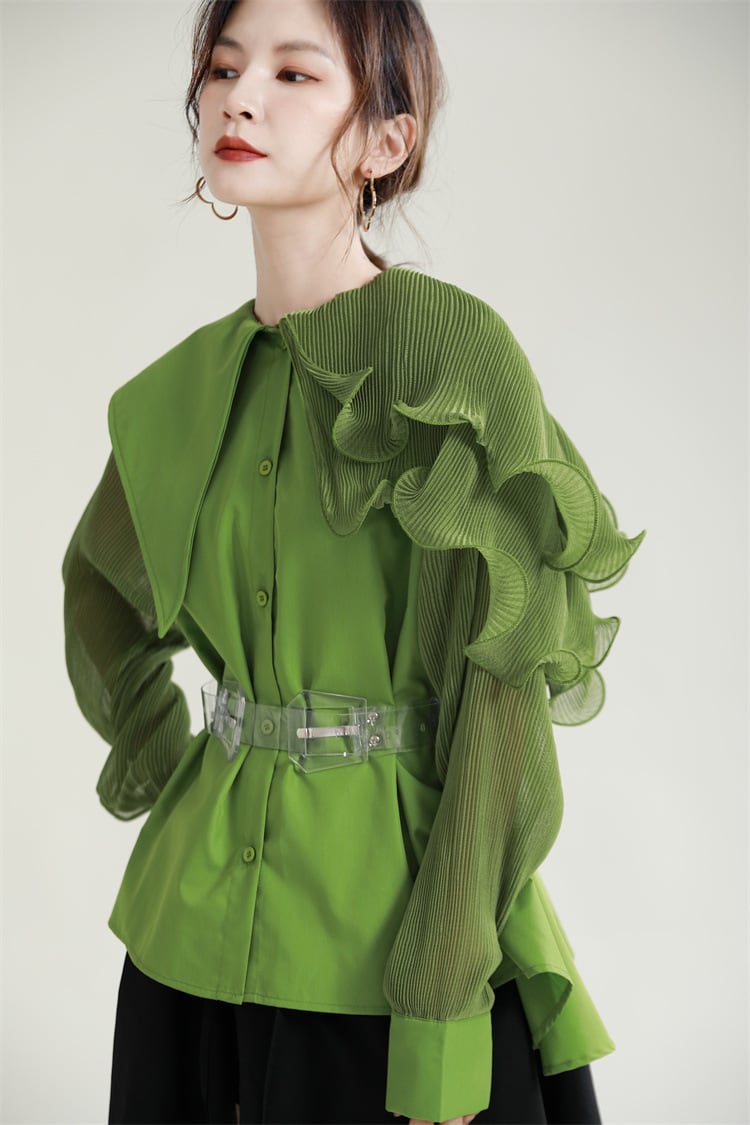 【tops】フリル不規則 イレギュラーシャツブラウス　M29334