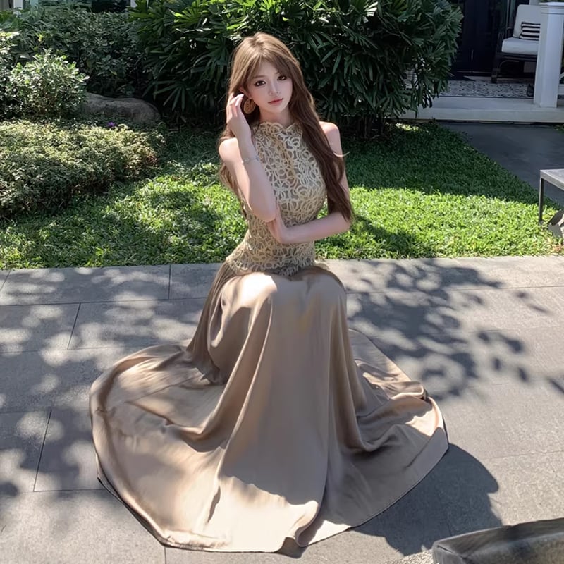 【dress】サテンドッキングノースリーブロングワンピース Q8045