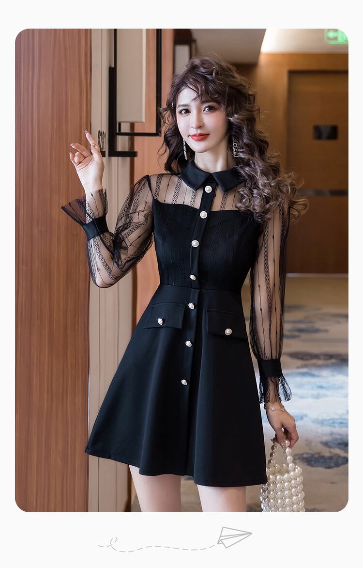 【dress】ファッション好感度UP!気質満点レトロPOLOネック切り替え着痩せワンピース