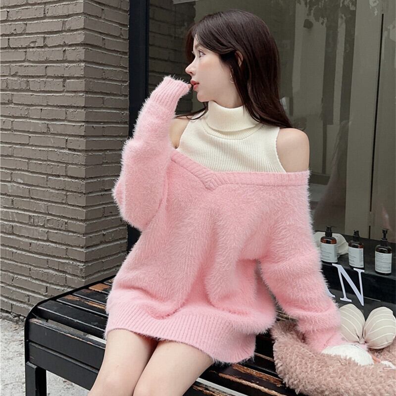 【tops】オフショルダー切り替えニットセーター　M27533