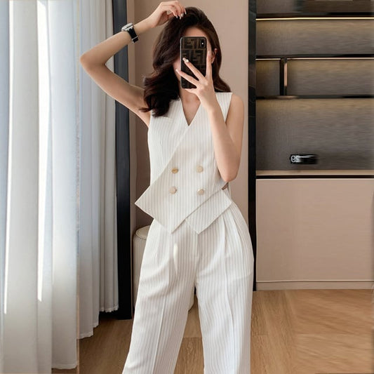 【set】タンクトップ+ガウチョパンツストライプ柄2点セットF7397