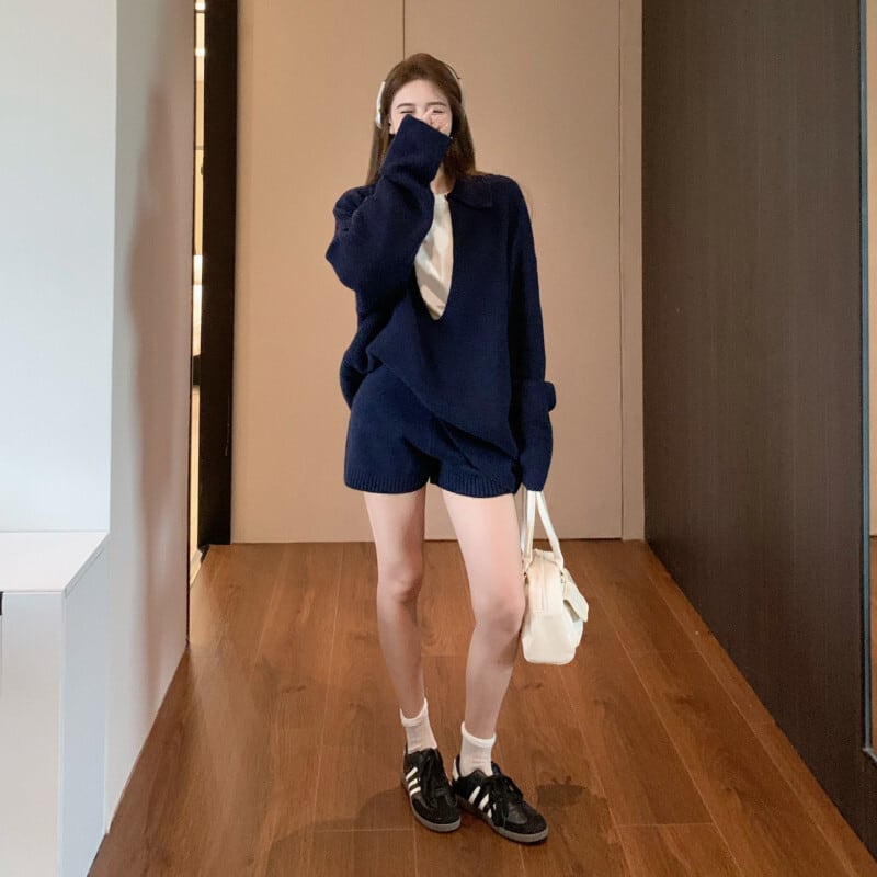 【set】ゆったりⅤネックニットトップス×ショートパンツセット    N2721