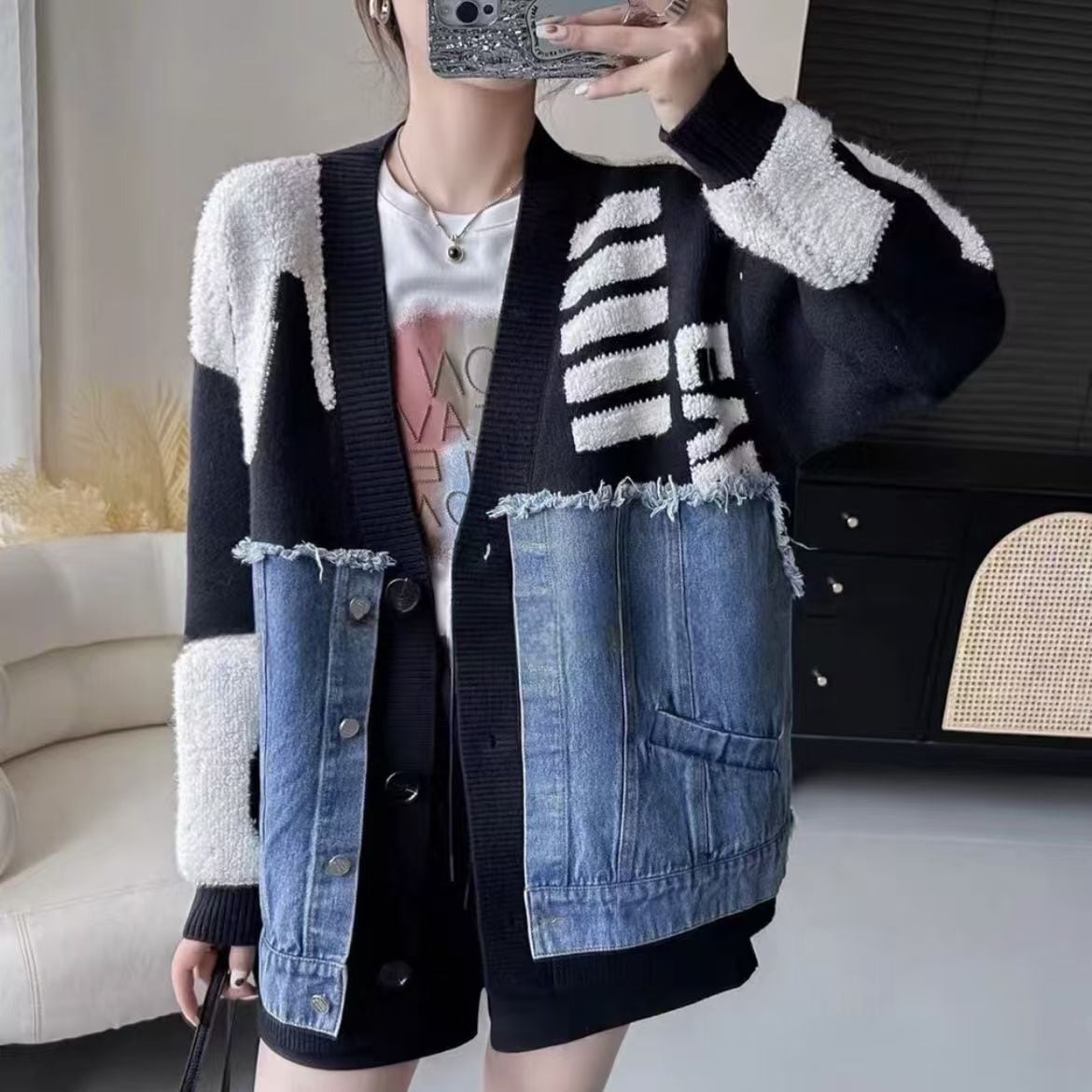 【outer】デニム切り替えニットカーデ　M26798