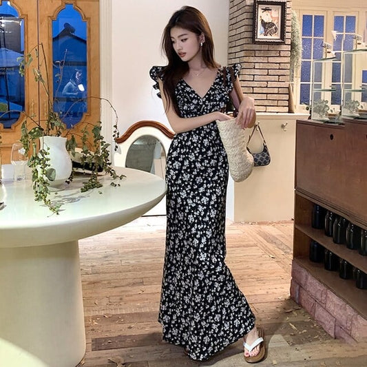 【dress】Vネックフリル花柄ワンピースF7396