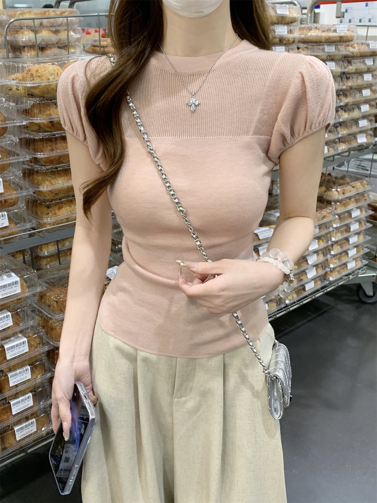 【tops】パフスリーブニットトップス　M29600