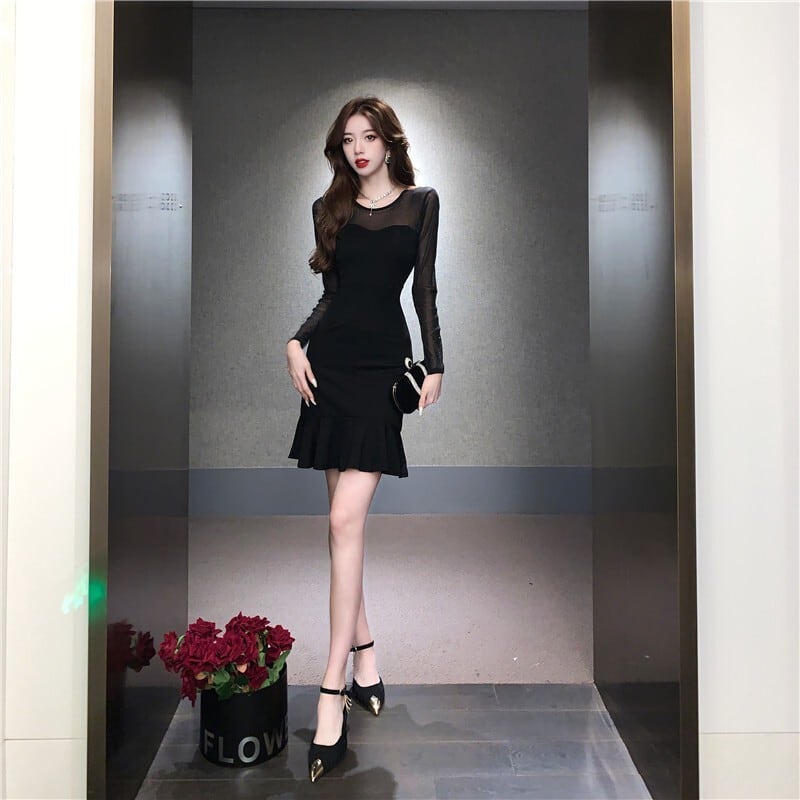 【dress】メッシュ切り替えマーメイドワンピース G20694