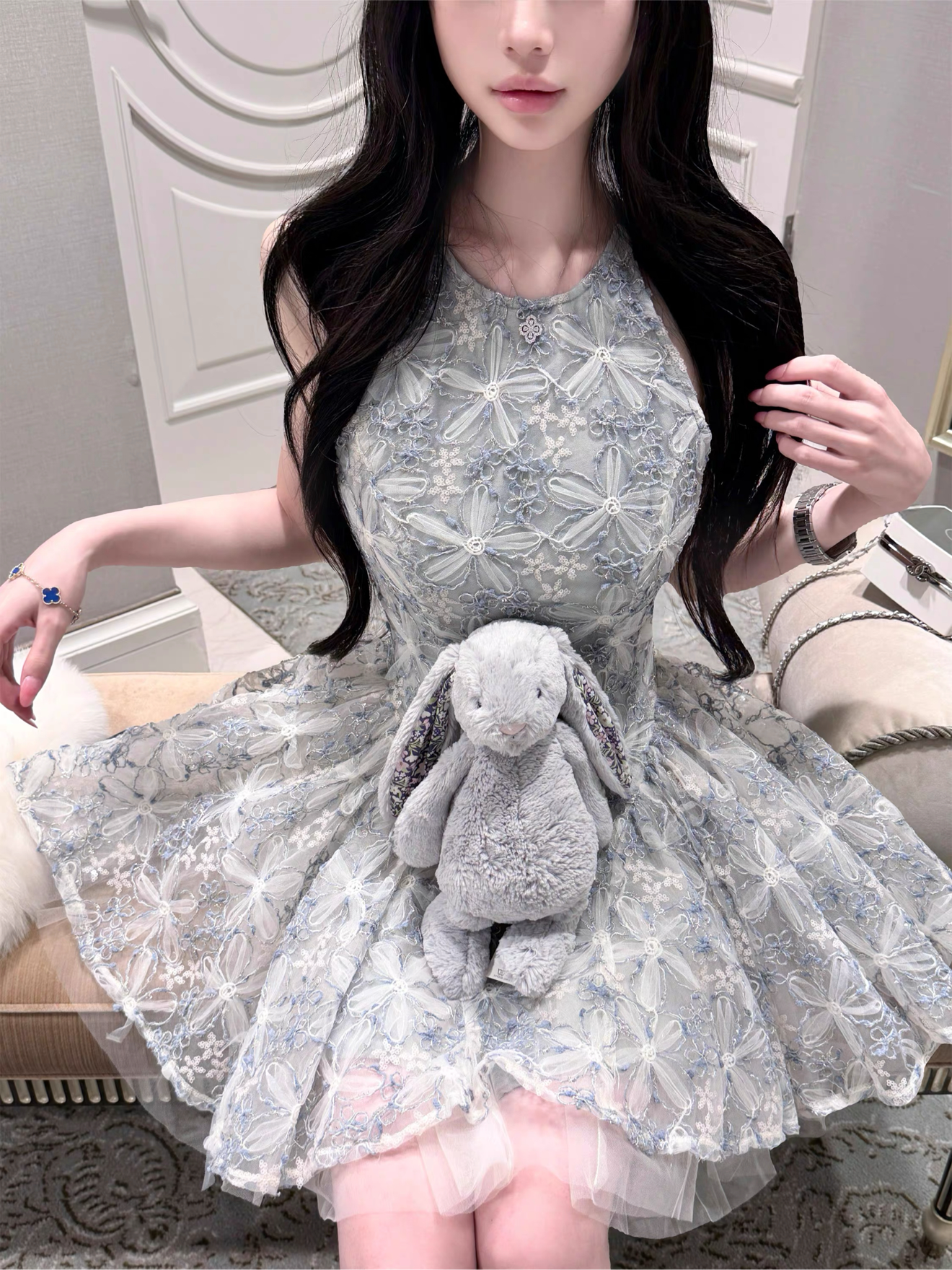 【dress】フラワー刺繍ミニワンピース　N3573