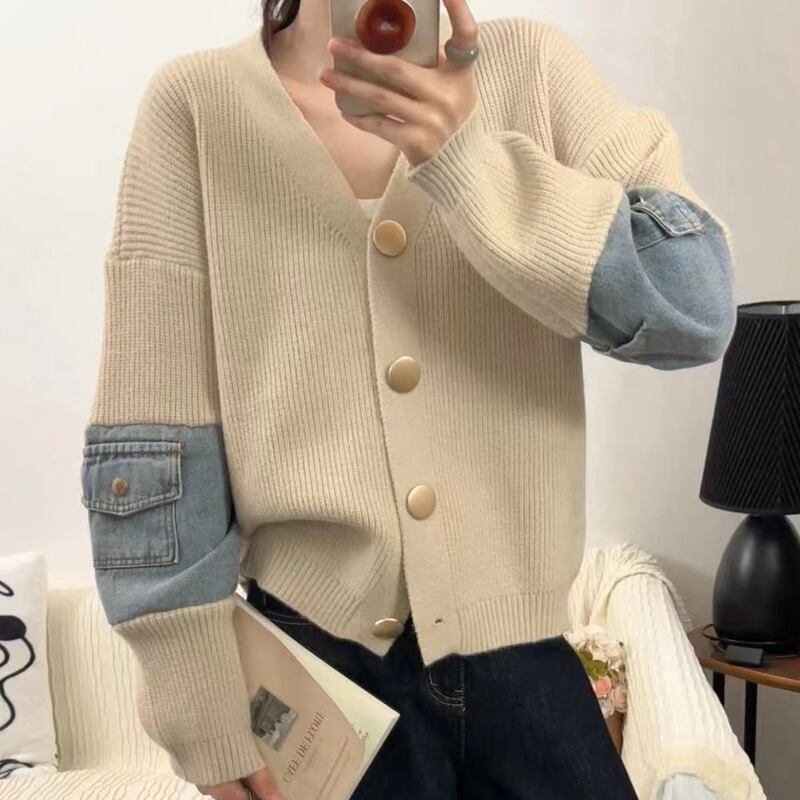 【tops】Vネックデニムドッキングニットトップス Q6369