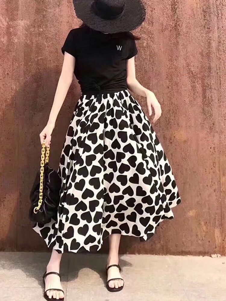 【bottoms】ハート柄Aライン花柄レディースファッションOL通勤ミッドウエストスカート