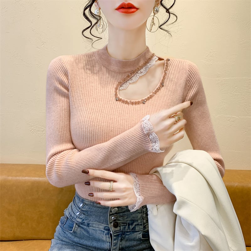 【tops】レース切り替えニットトップス　M28664
