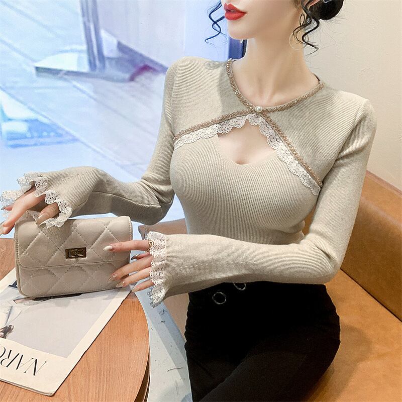 【tops】ビジューレース切り替えニットトップス　M27966