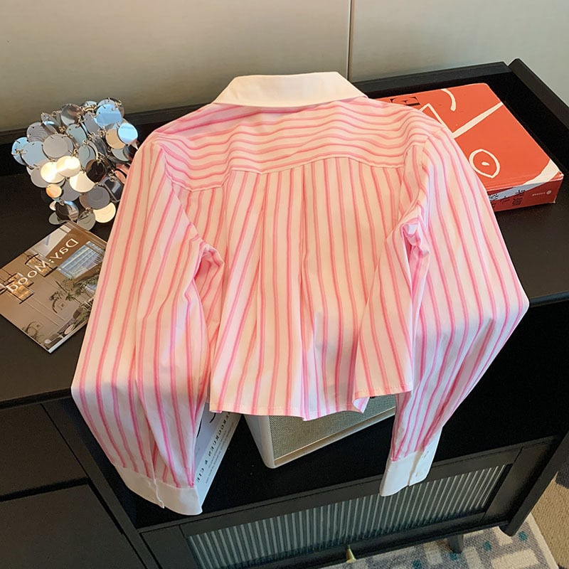 【tops】POLOネックストライプ柄ブラウスG20657