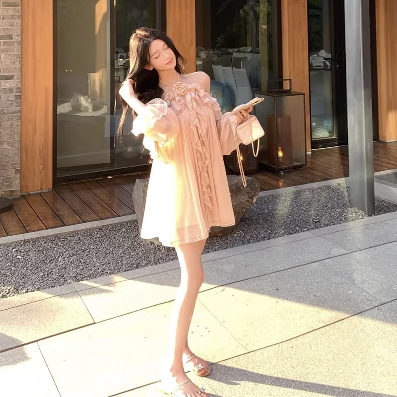 【dress】ホルターネックギャザーフリルミニワンピース Q8317