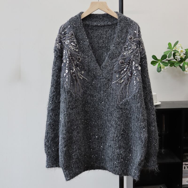 【tops】Vネックスパンコール付きニットトップス Q7436