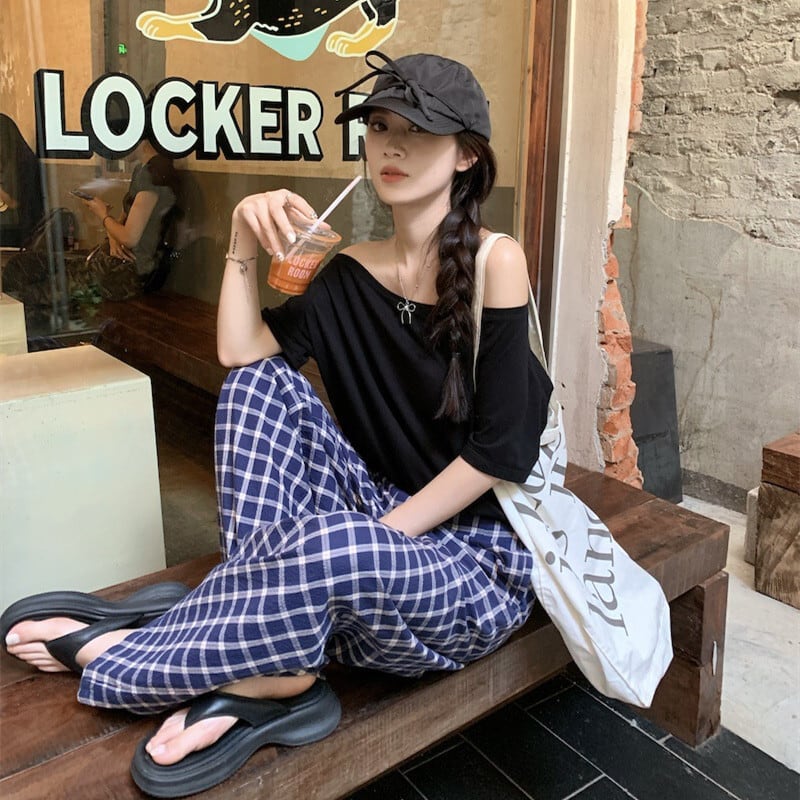 【set】Tシャツ×チェック柄パンツセット　M25040