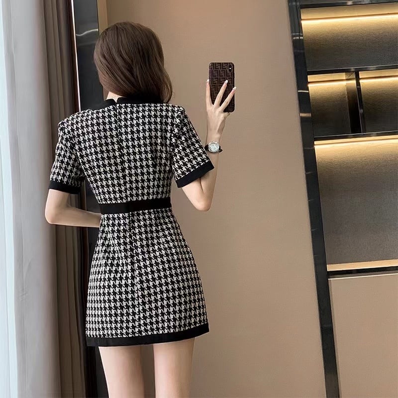 【dress】ラウンドネック千鳥柄ニットワンピースF7323