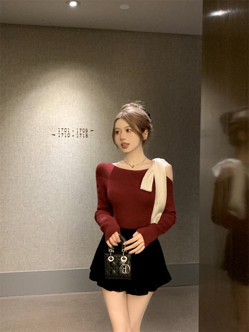 【tops】ショルダーリボンアシンメニットトップス　N2870