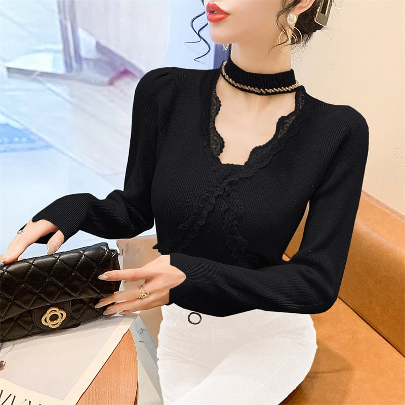 【tops】ビジューレース切り替えニットトップス　M27732