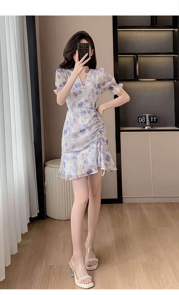 【dress】Vネック花柄シフォンマーメイドワンピース G21275