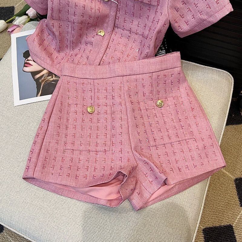 【set】ラウンドネック半袖トップス+配色ショートパンツOL通勤セットアップ F5370