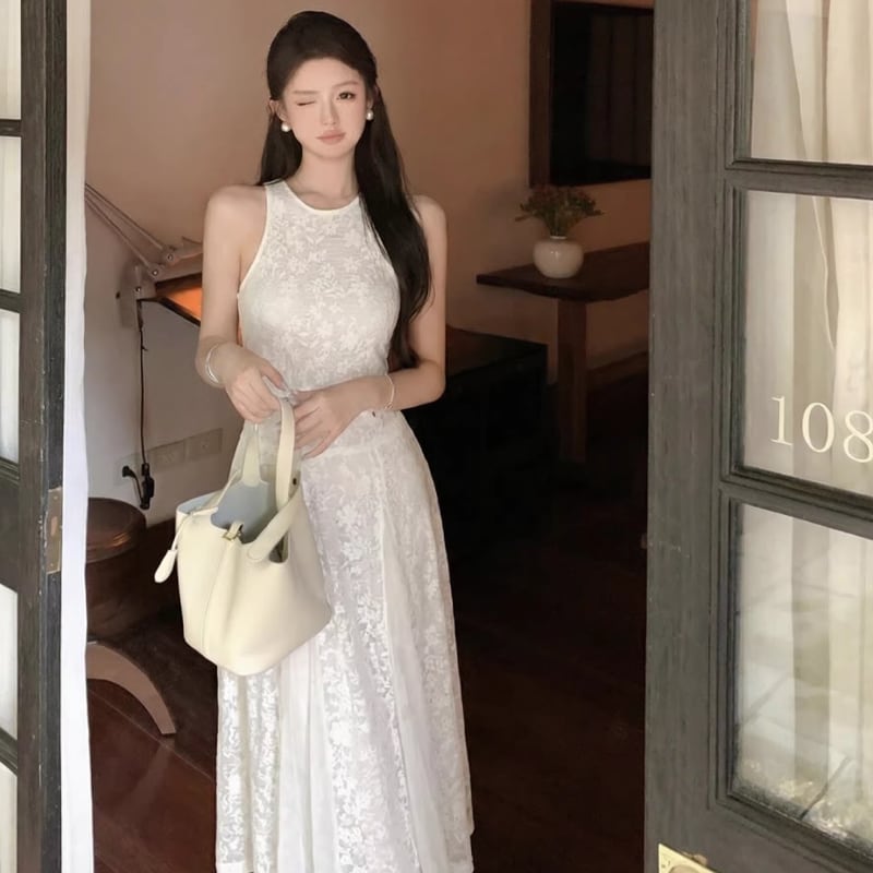 【dress】ノースリーブレースロングワンピース Q8273