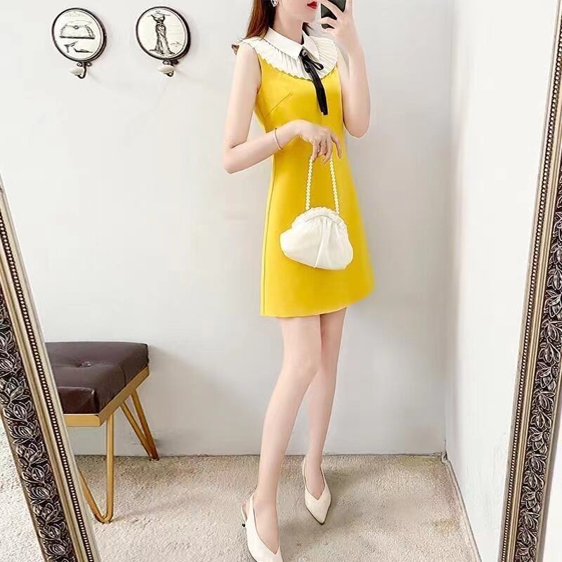 【dress】大人可愛い韓国風INS風POLOネックノースリーブ配色蝶々結びOL通勤タイトンワンピースF2425