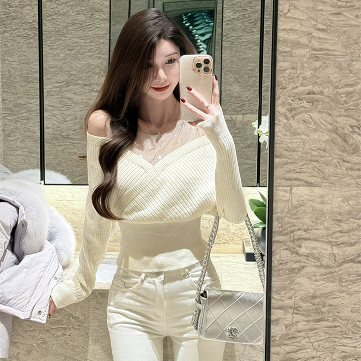 【tops】ラインストーンチュールレイヤードオフショルニット　N3507