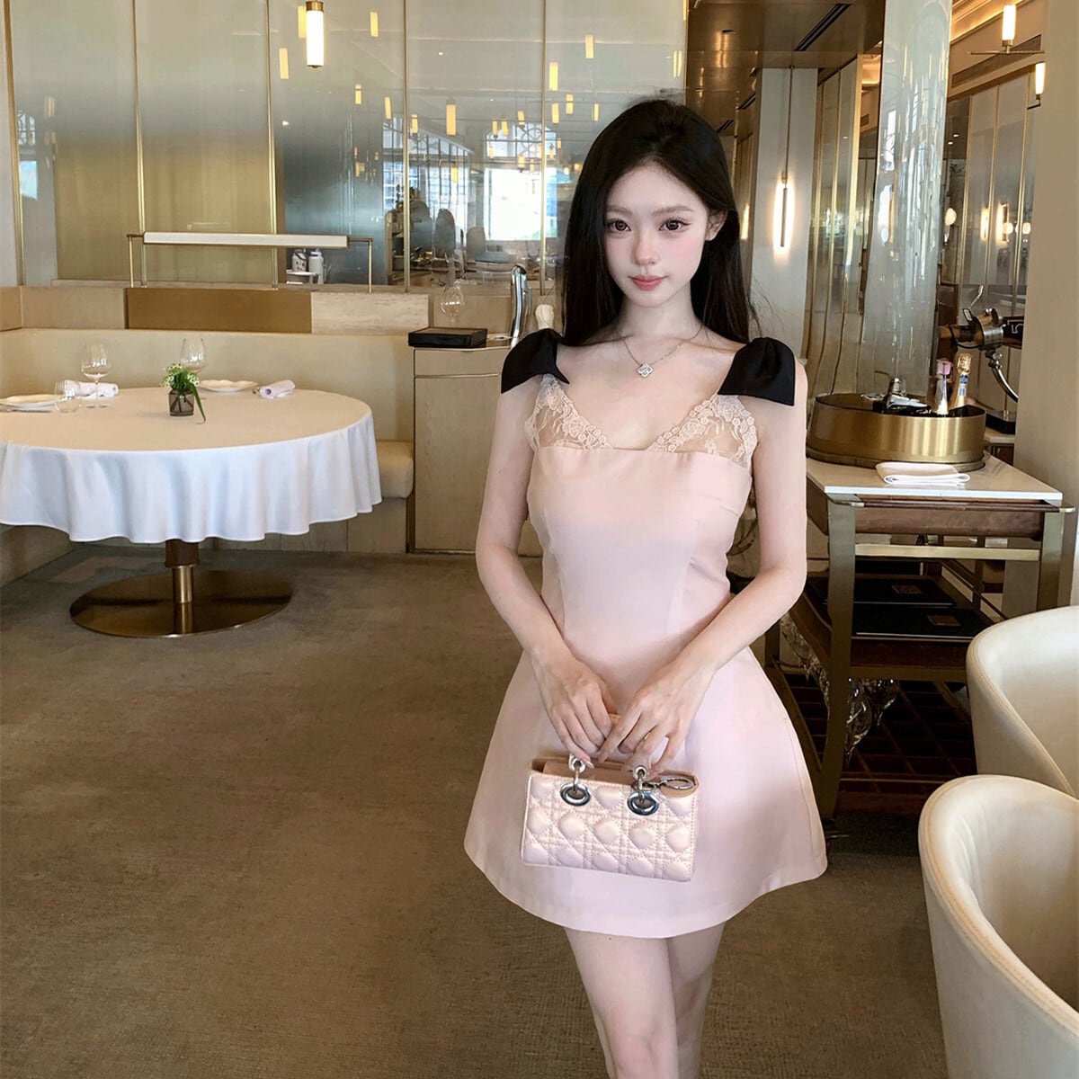 【dress】ショルダーリボンレースミニワンピース　N3129