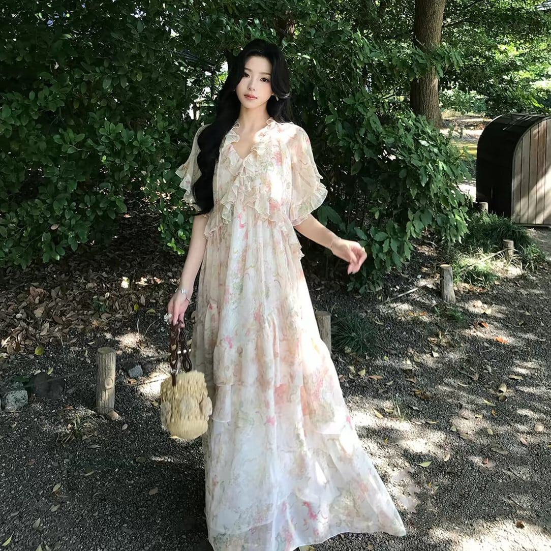 【dress】フリルプリントロングワンピース  N3575