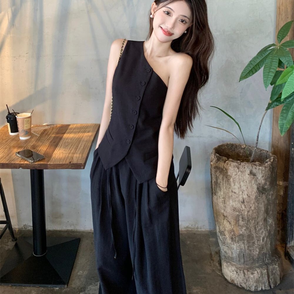【set】オフショルダーベスト×ワイドパンツセット　M24955