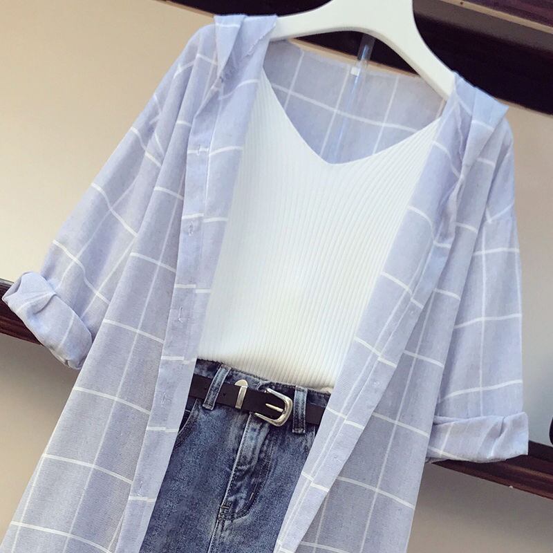 【set】オシャレ度満点〜3点セットチェック柄シャツ+無地タンクトップ+デニムショートパンツF0231