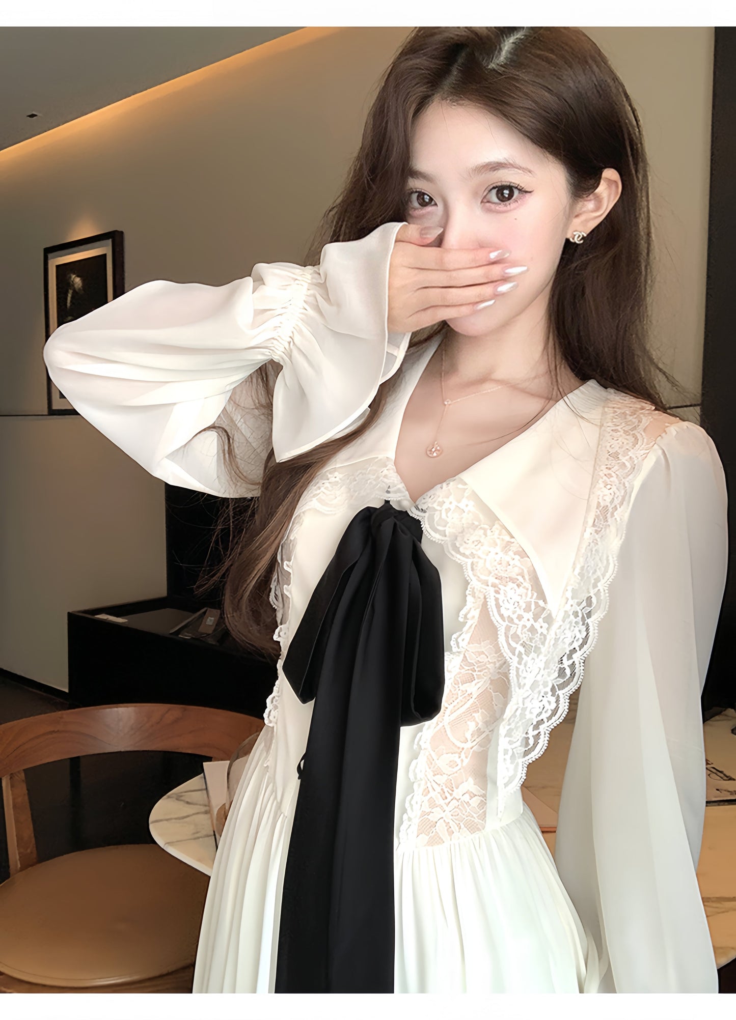 【dress】ビッグリボンレースドッキングロングワンピース　N3316