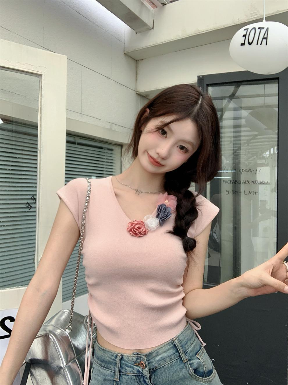 【tops】立体フラワーニットTシャツ　M24271