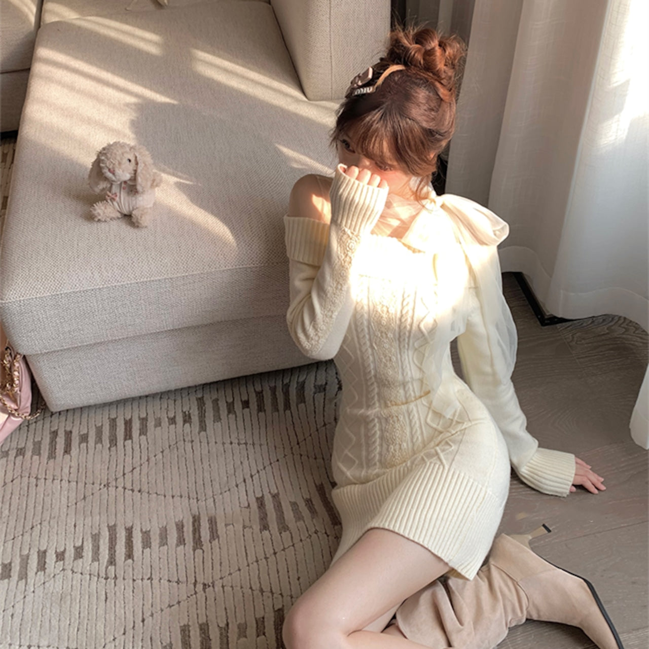 【dress】チュールドッキングリボンニットワンピースF8471