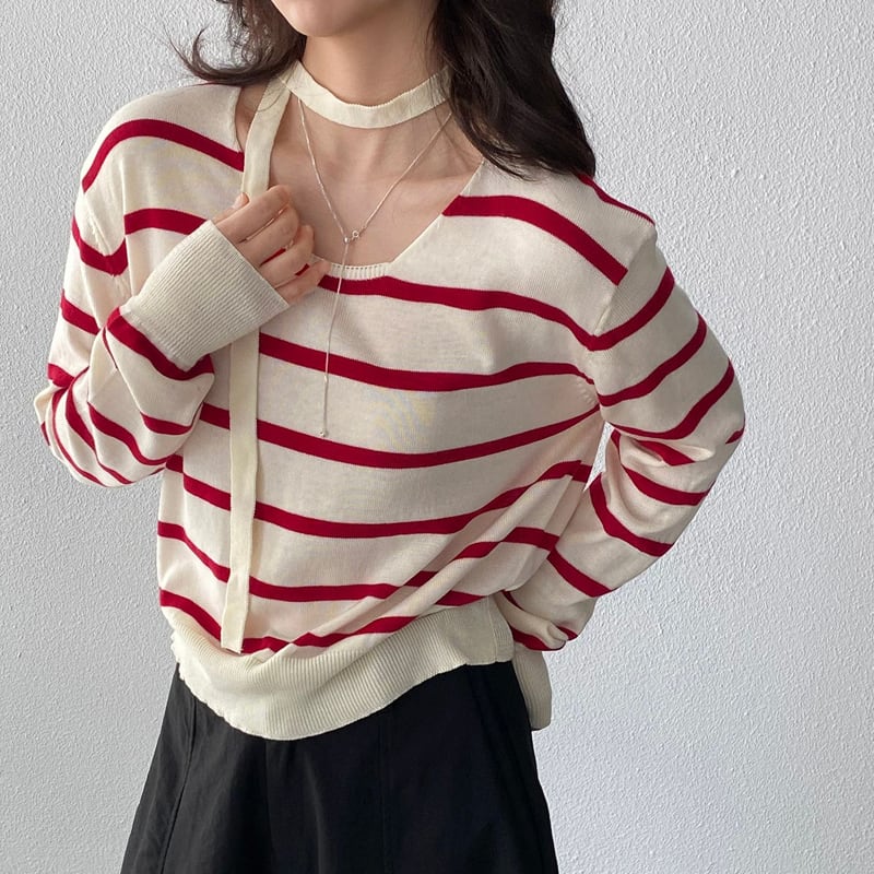 【tops】スカーフ付きボーダー柄ニットトップス Q8284