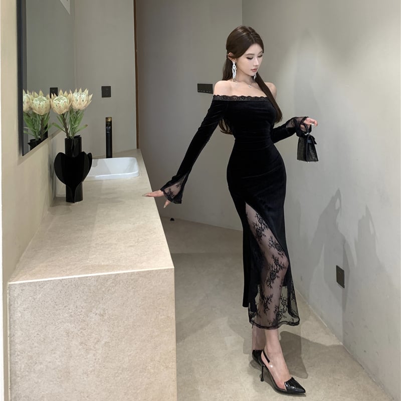 【dress】オフショルレースドッキングワンピース Q7408