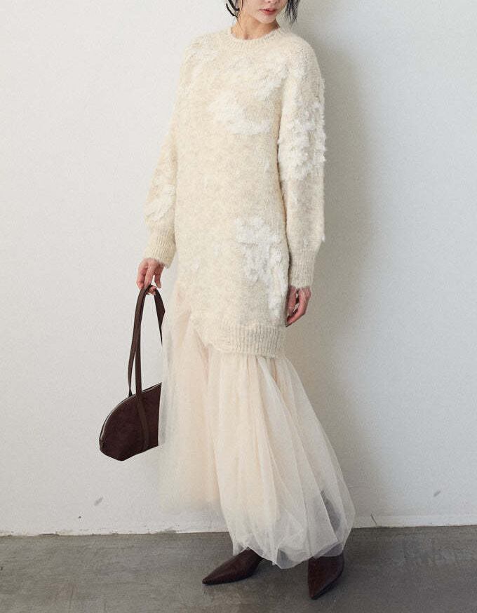 【dress】チュールドッキングロングニットワンピース Q7839