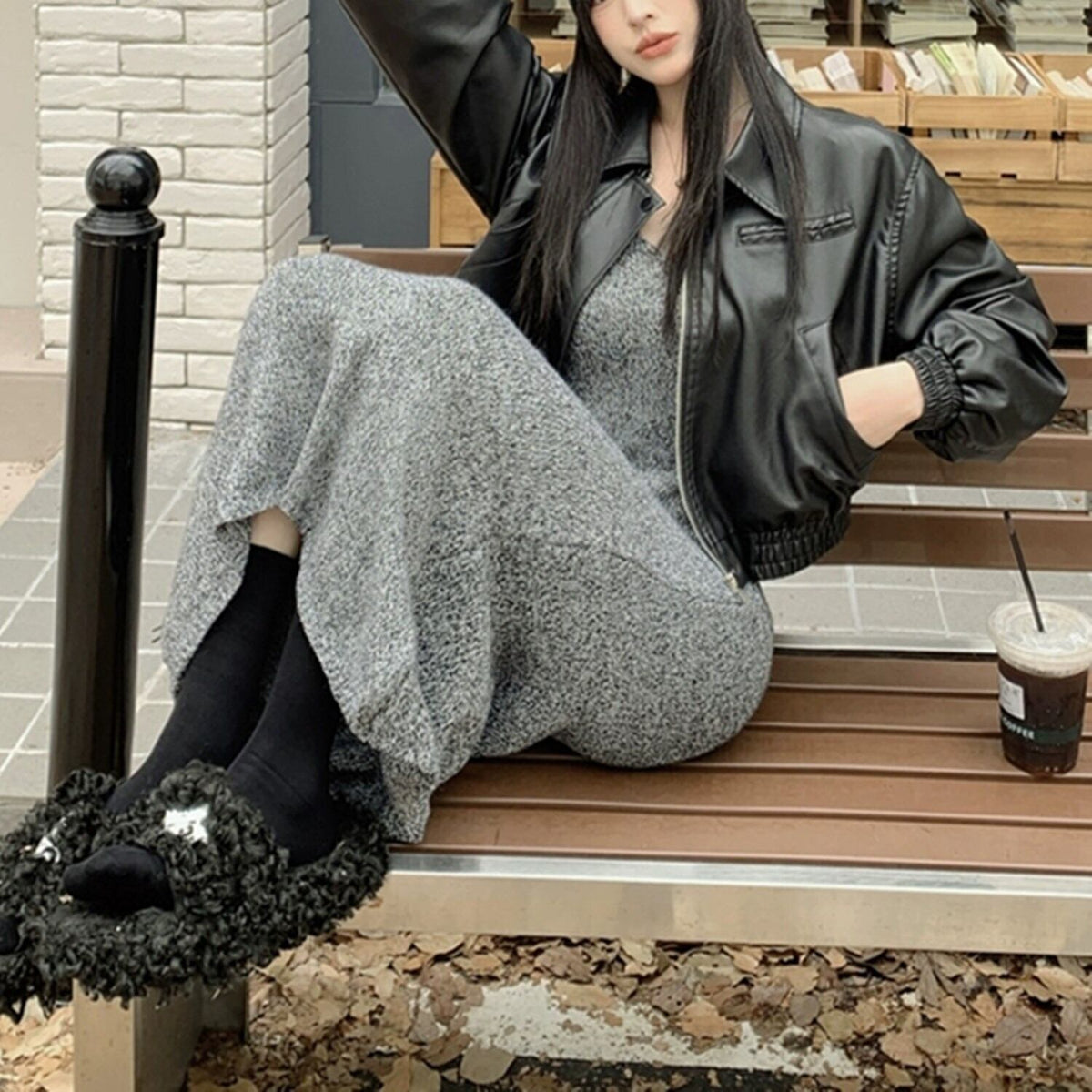 【set】レザージャケット×ニットワンピースセット　N2125