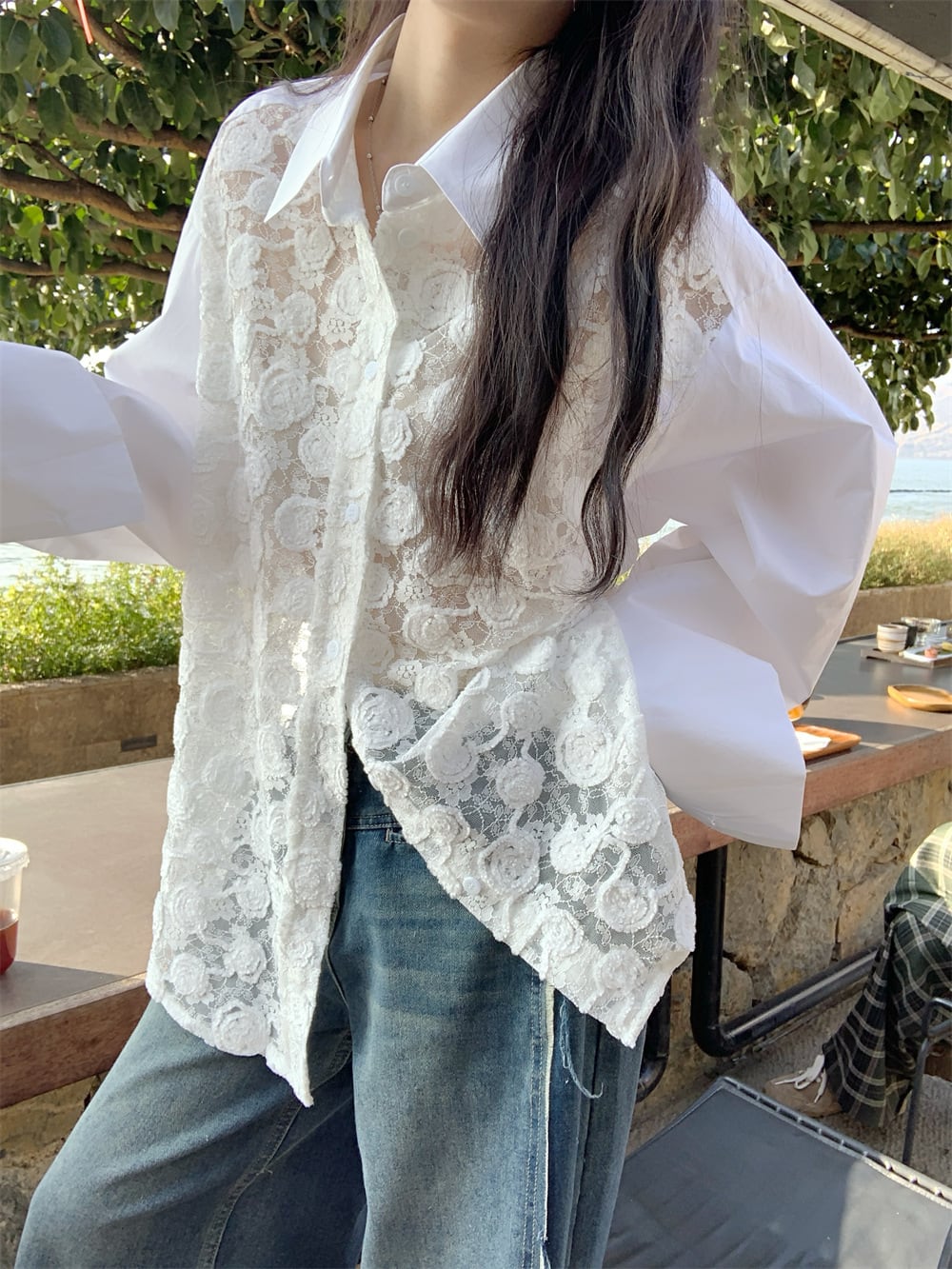 【tops】レース切り替えシャツブラウス　M29788
