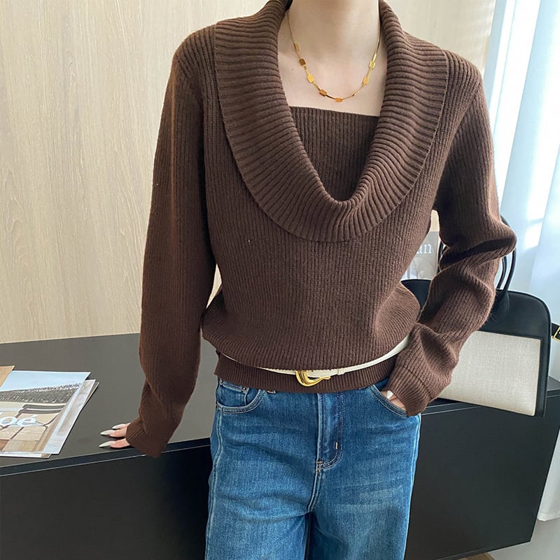 【tops】5色展開ドレープドネックニットトップス Q7379
