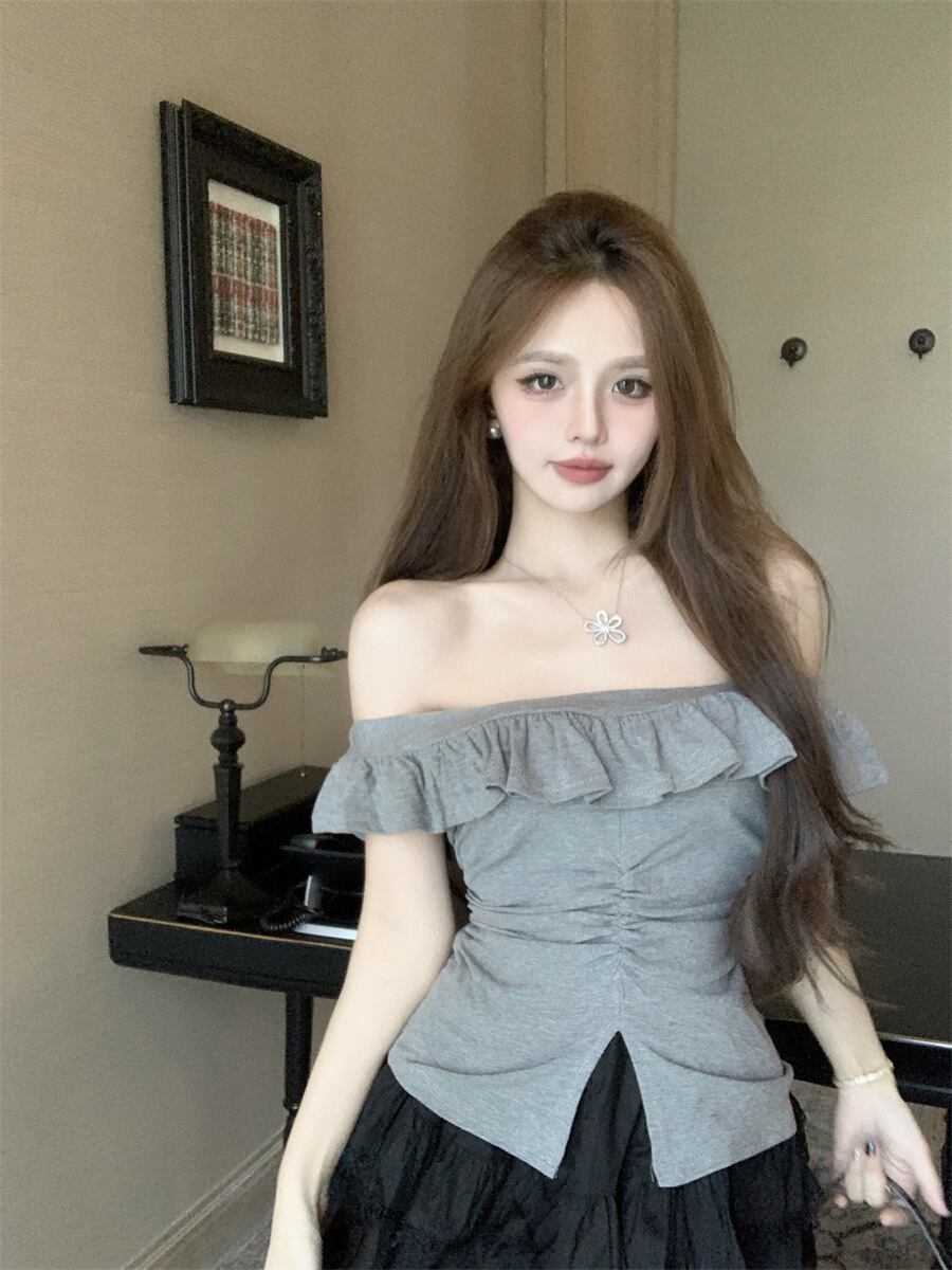 【tops】オフショルダーフリルTシャツトップスG21340