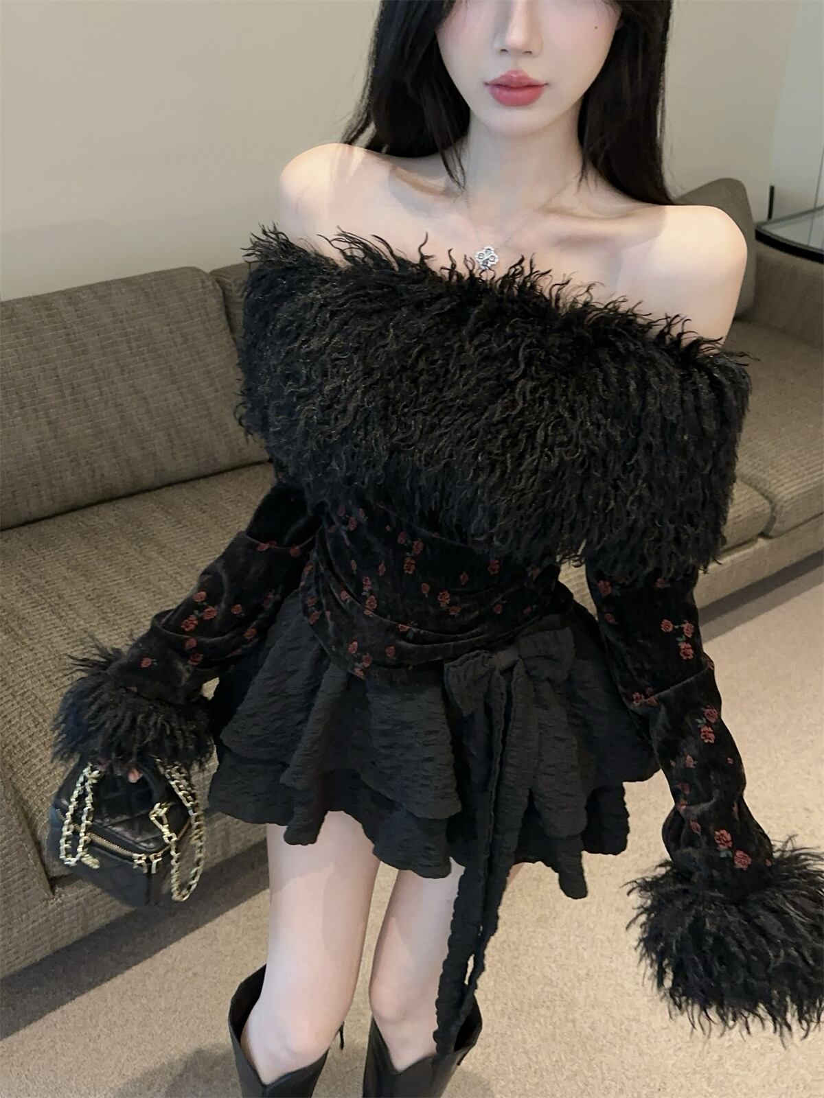 【set】ファードッキング花柄オフショルダー裹起毛トップス×リボン付きスカートセット　M28464