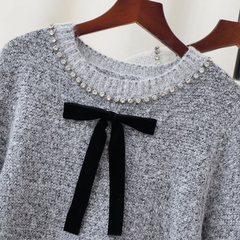 【tops】ビジューリボン付きニットセーター　M28375