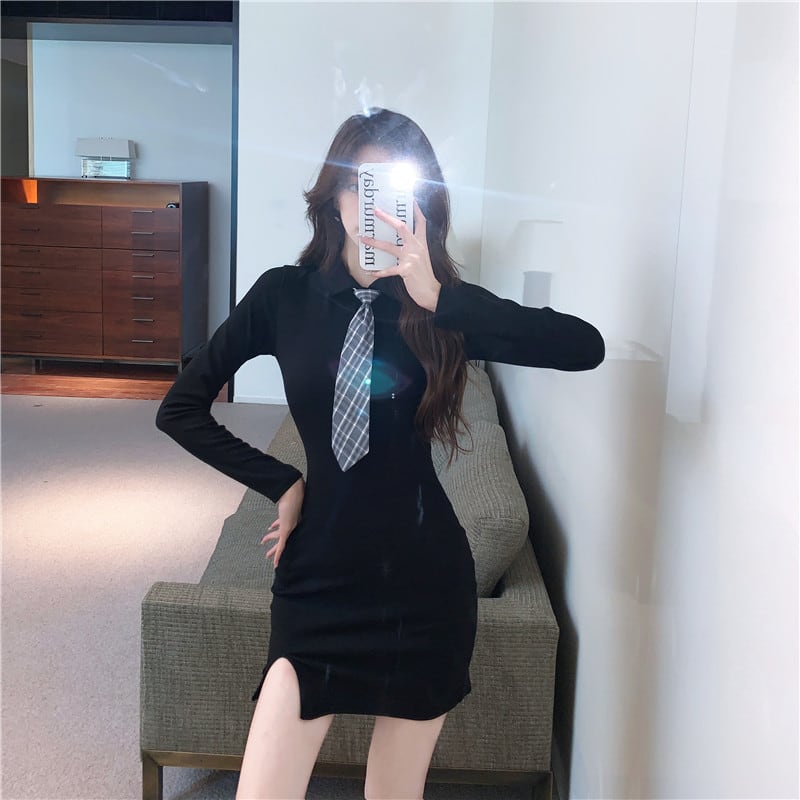 【dress】ネクタイ付きシャツワンピース Q8088