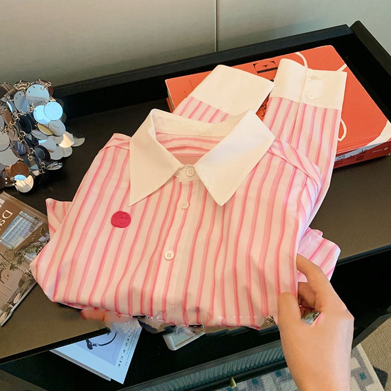 【tops】POLOネックストライプ柄ブラウスG20657