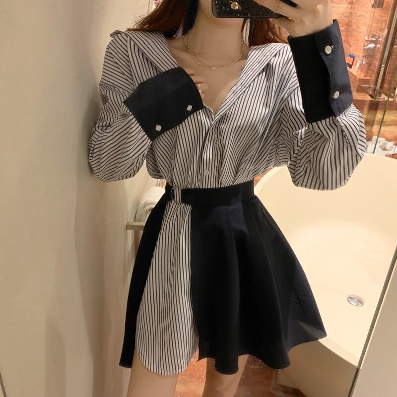 【set】ファッション気質満点個性派スカート+切り替えストライプ柄シャツワンピース２点セット G9207